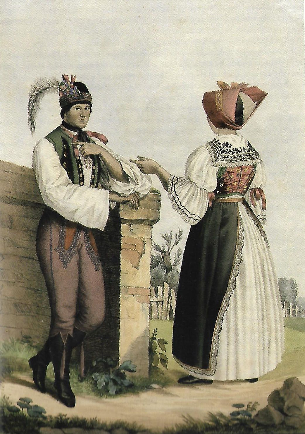 Svobodný pár z Břeclavska. Litografie W. Horna 1837.